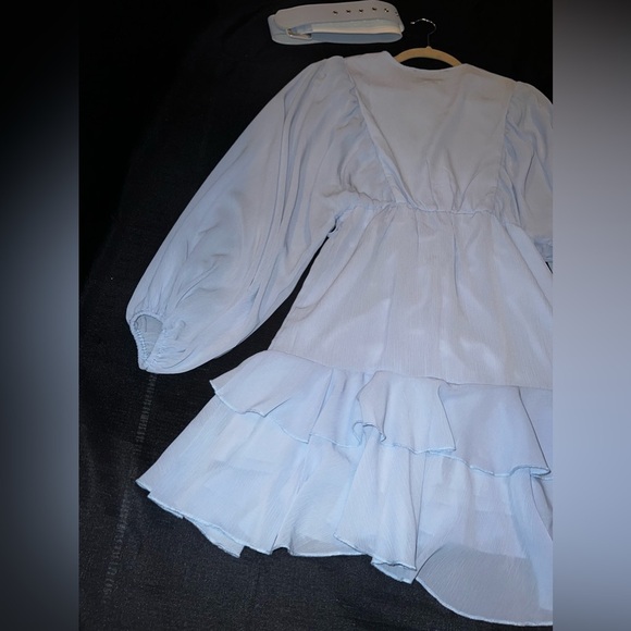 Long sleeve Ruffle Belted Dress in Winter Blue - Picture 11 of 13